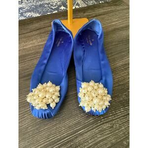 Kate Spade New York Cobalt Blue Satin Pearl Pom-Pom Ballet Flats Sz. 7